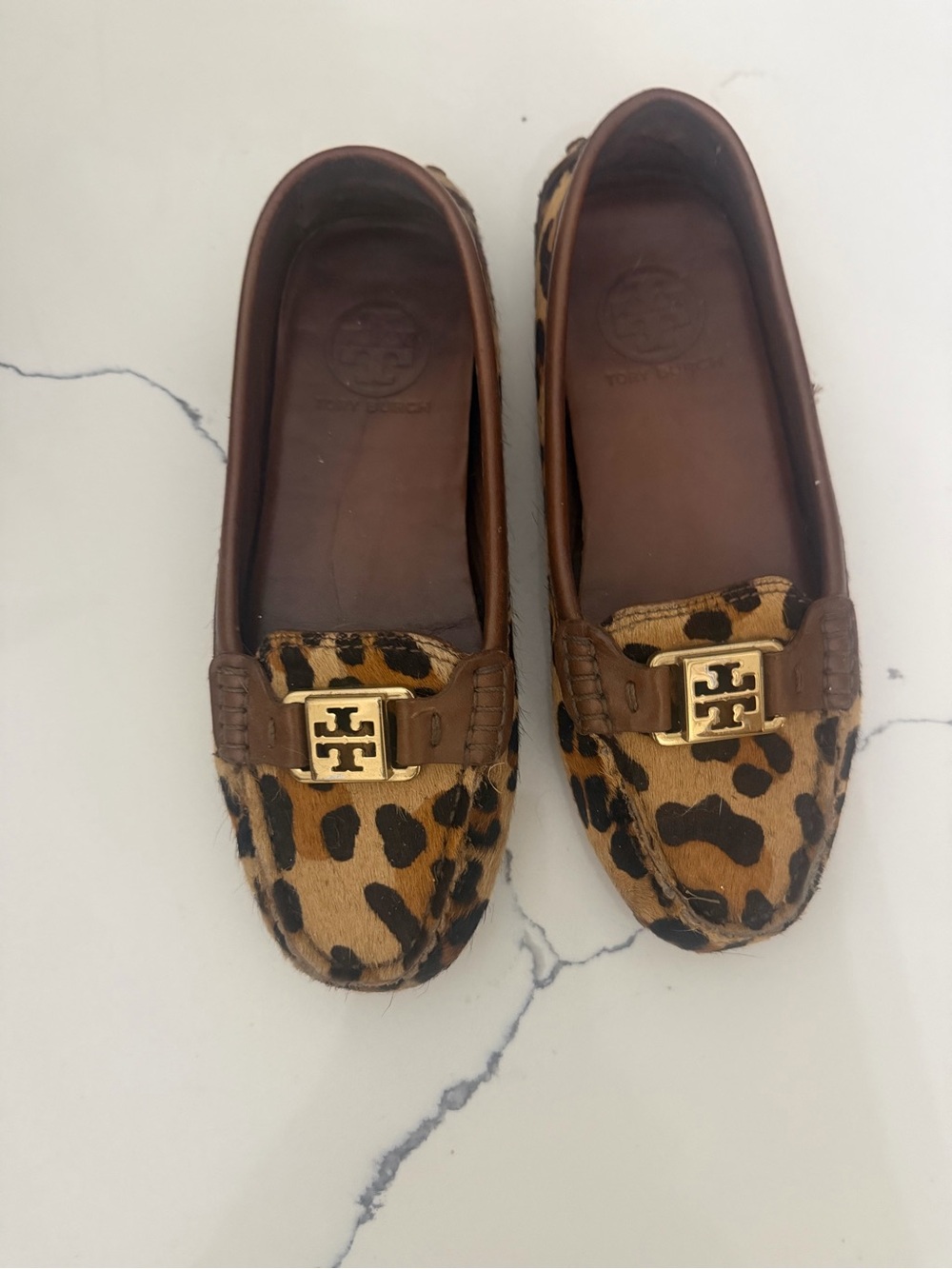 Tory Burch Leopard Print Pony Hair Driving Loafers with Gold Logo